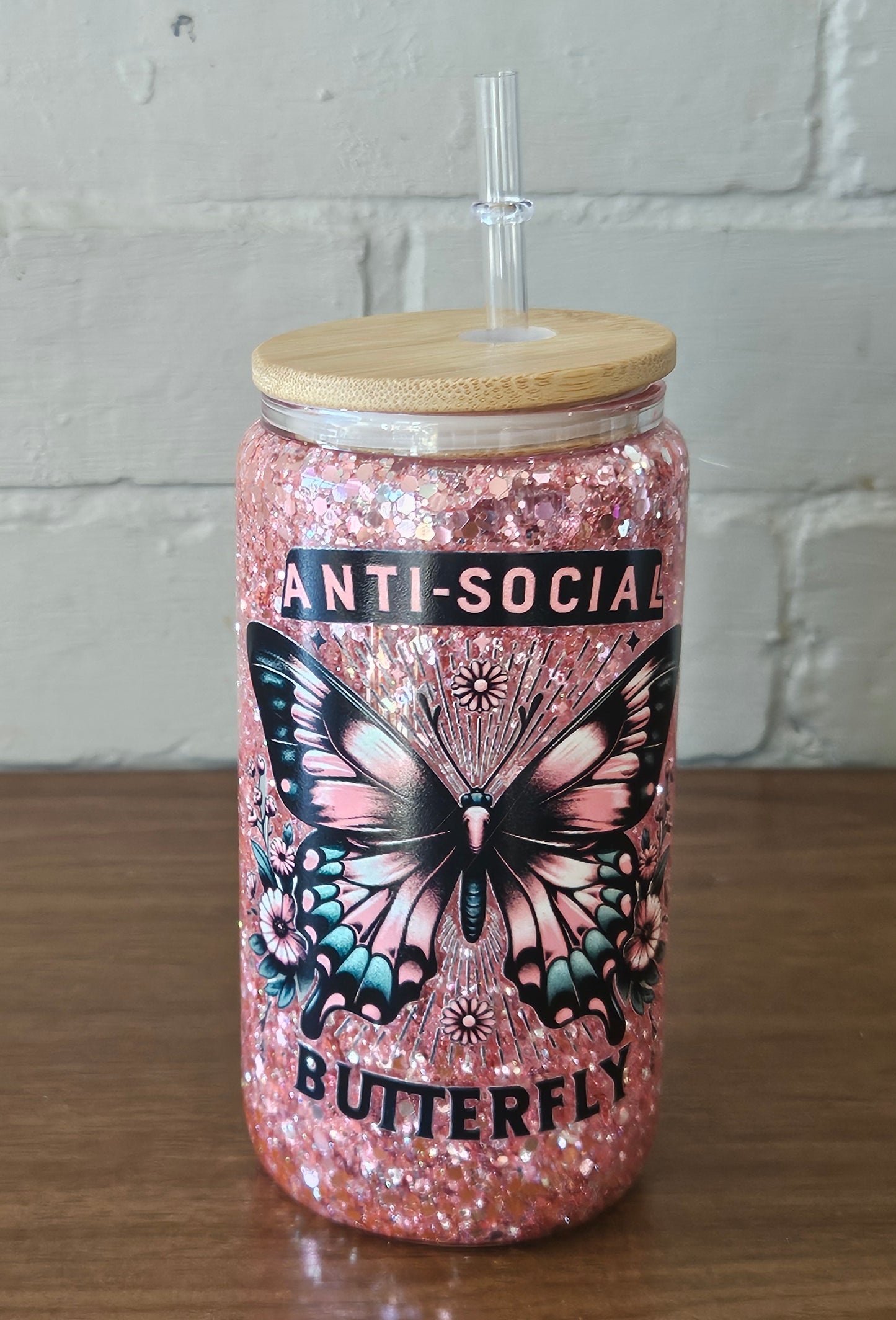 Anti social butterfly 16oz snow globe tumbler