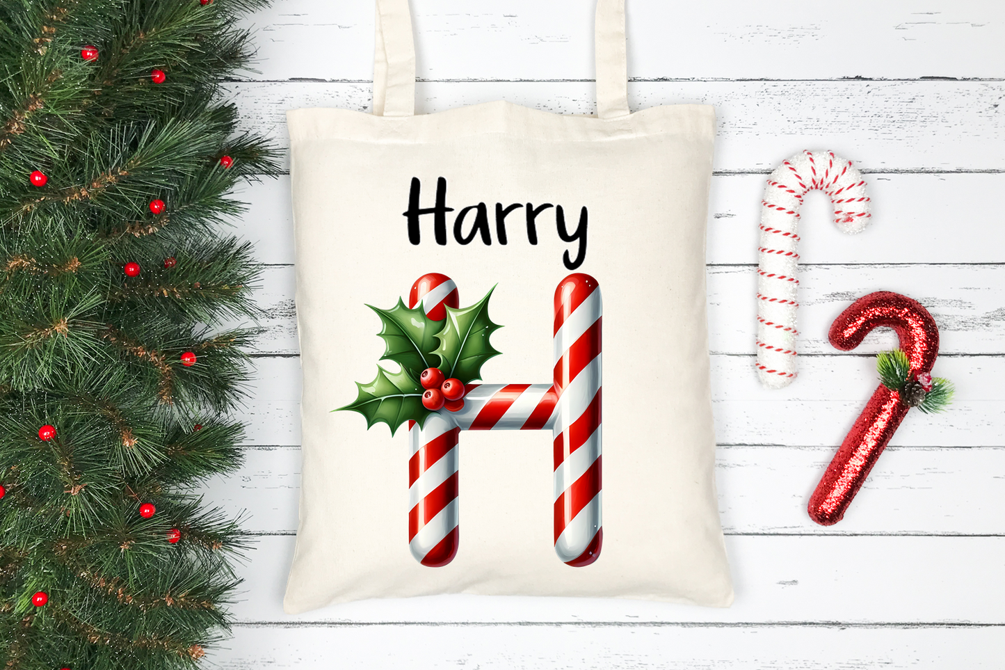 Candy Cane Monogram Personalised Mugs, Ornaments and Bags