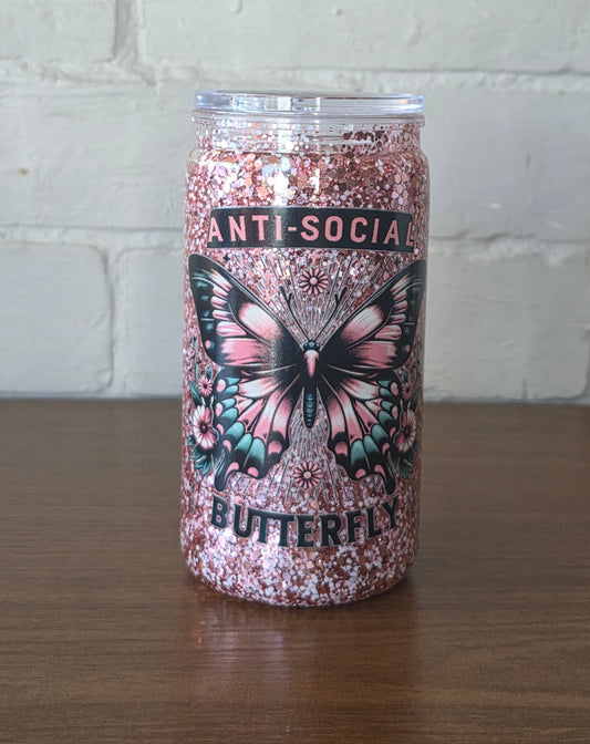 Anti social butterfly 16oz snow globe tumbler